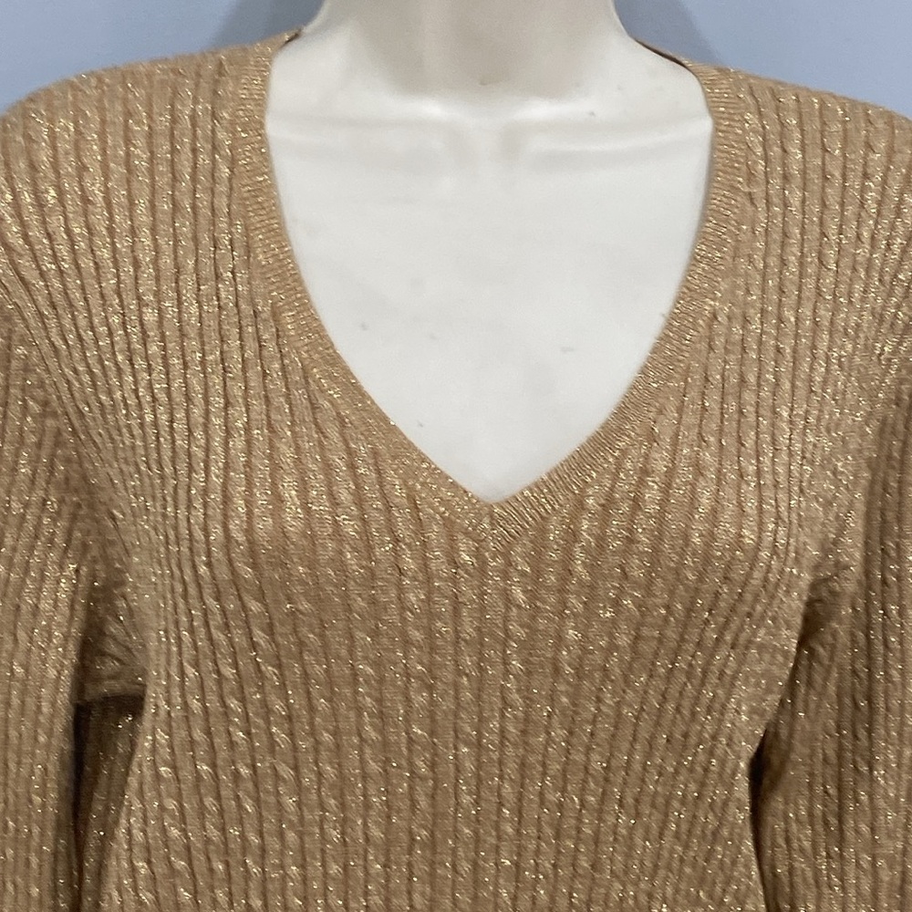 LAUREN RALPH LAUREN GOLD SILK SWEATER METALLIC XL V NECK HOLIDAY CHRISTMAS